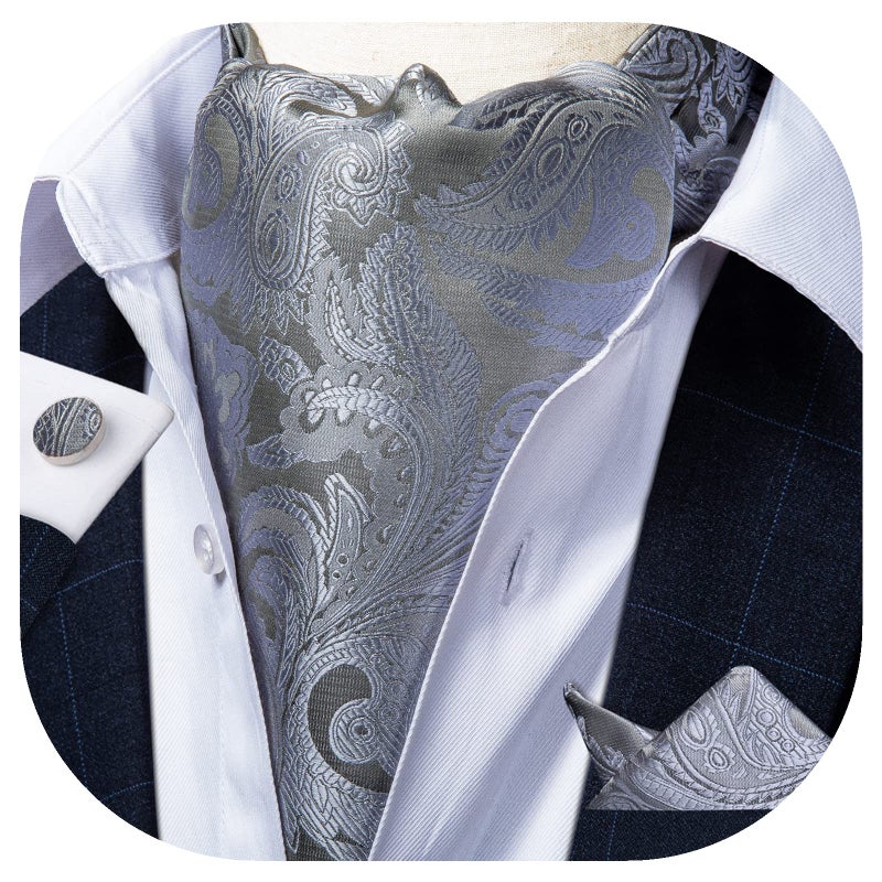 DiBanGu Grey Ascot Ties for Men Cravat Tie and Pocket Square Set Jacquard Silk Ascot Paisley Cravat for Men - Image 2